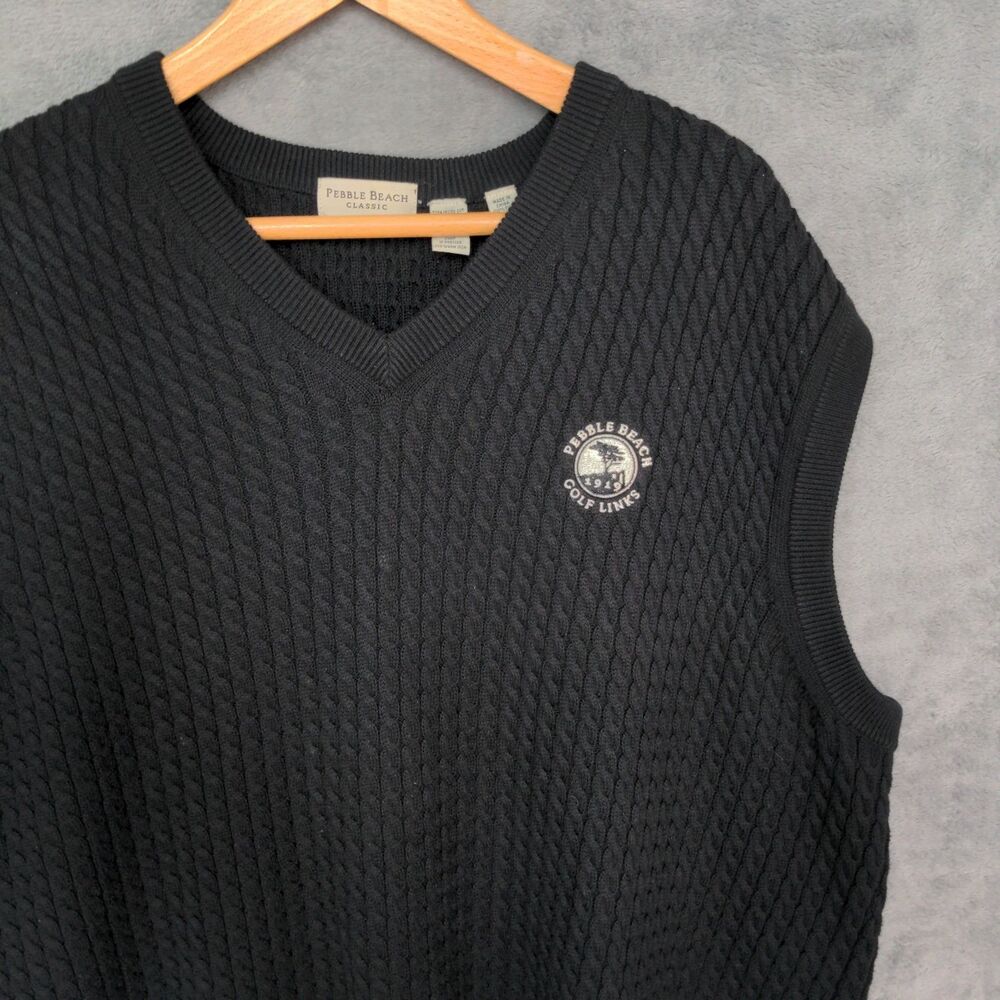 Pebble Beach Sweater Vest Men XL Black Cable Knit Pima Cotton V-Neck Embroidered